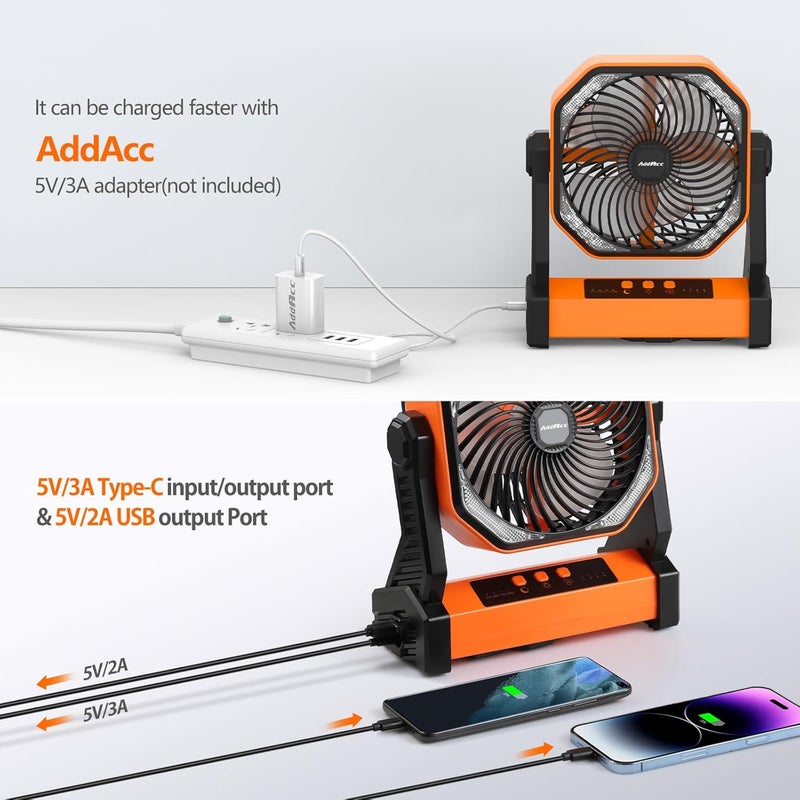 AddAcc 20000mAh Camping Fan, Rechargeable Battery Operated with 360° Rotatable Hook, 400 Lumes Light, 270° Pivot, 4 Speeds, 58Hrs Battery Powered Fan for Outdoor Tent Car Trip BBQ Hurricane Power Outages - Image 5